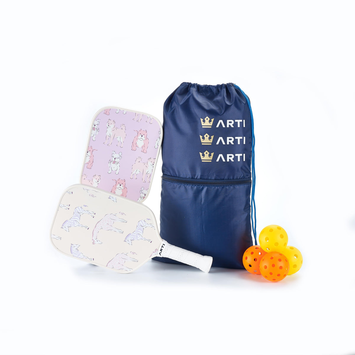 Pickleball Gift Set for 2: 2 Paddles, 4 Balls + Carry Bag | ARTI "Dogs & Giraffes" Beginner Starter Set, USA Pickleball Approved