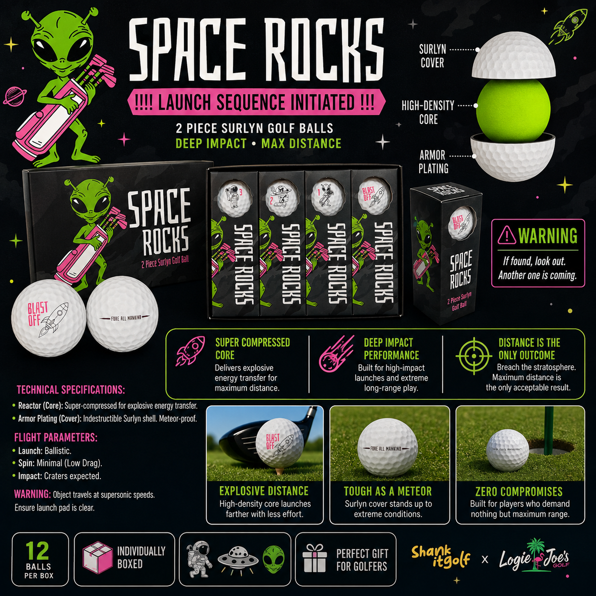 Space Rocks Distance Series Golf Balls | 2-Piece Surlyn Golf Balls | 12-Pack