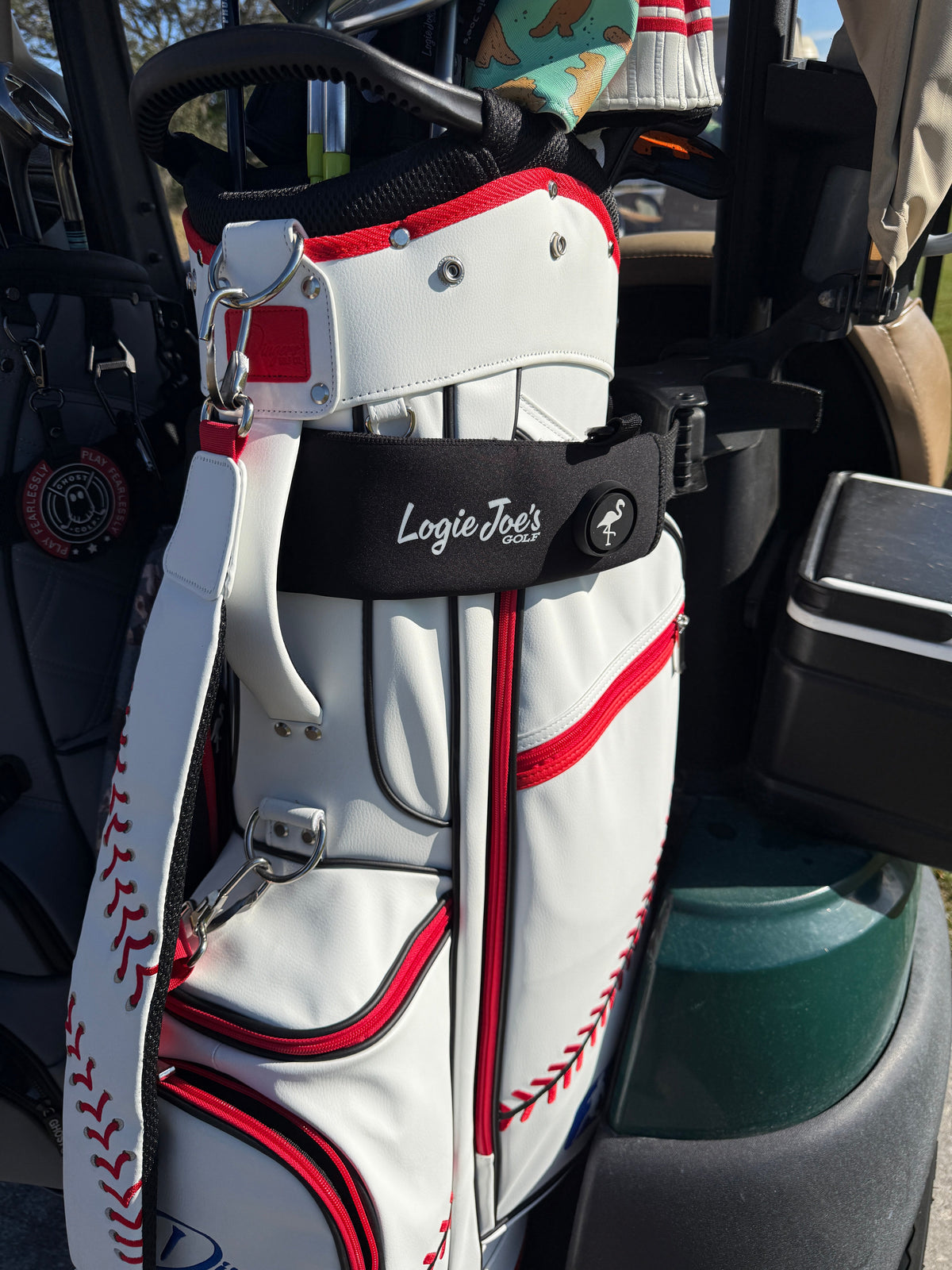 Orange/Pink Magnetic Golf Cart Strap Sleeve | Neoprene Rubber | Dual Accessory Magnets | Glove Holder | Carabiner Bag Attachment | 18.5 x 3.5 in