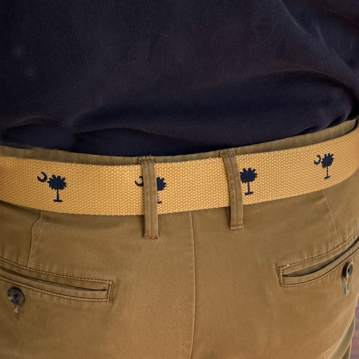SC State Flag Palmetto Moon Belt Beige Navy Blue Embroidered Woven Web Award Winning Design