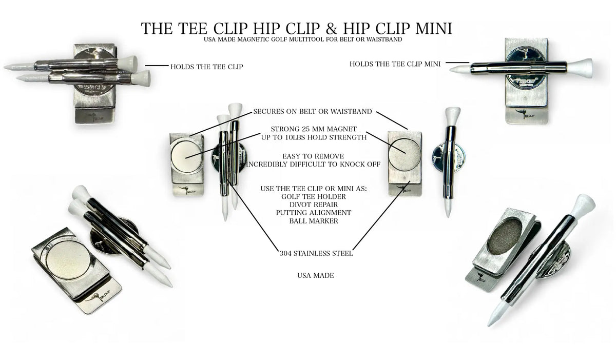 The Tee Clip® Hip Clip™: USA Made Magnetic Golf Multi Tool Tee Holder For Belt or Waistband